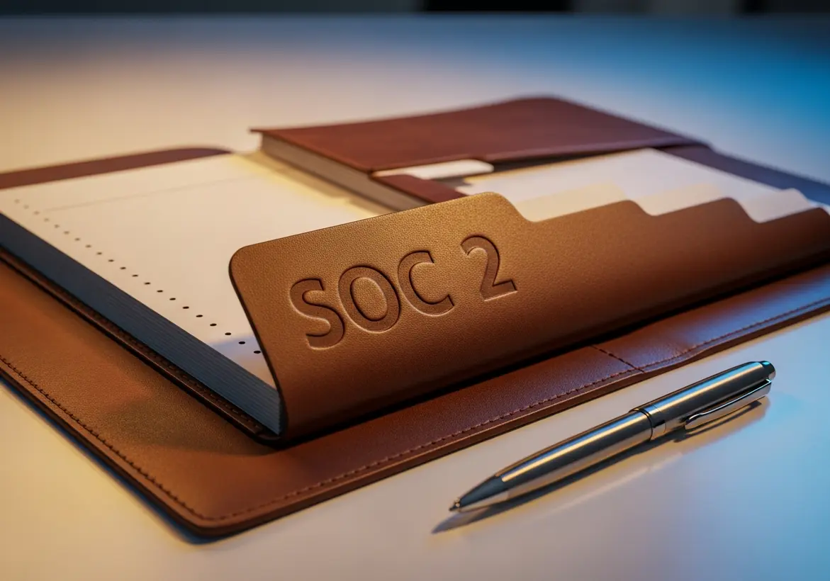 A professional brown leather document folder embossed with the words SOC 2, sitting open on a desk next to a silver pen.