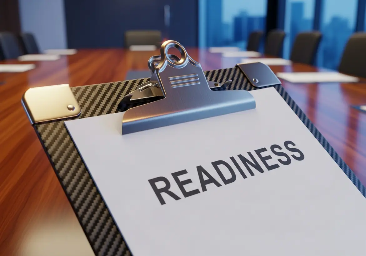 A silver clipboard featuring a sheet of paper with the word "READINESS" written on it, resting on a wooden boardroom table.