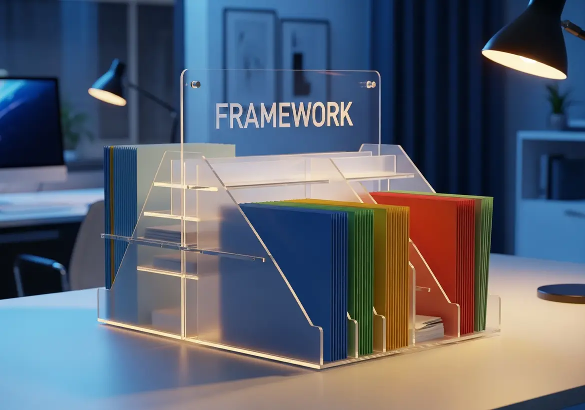 A modern, transparent acrylic desk organizer labeled "FRAMEWORK" containing organized, color-coded files in a dimly lit office setting.