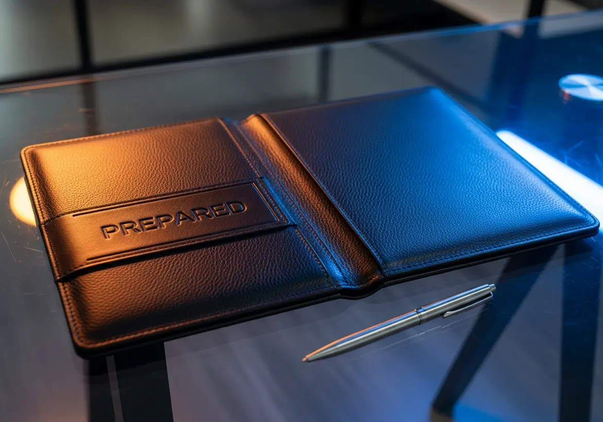 A professional black leather portfolio embossed with the word "PREPARED" lying on a glass desk next to a sleek silver pen, illuminated by warm orange and cool blue lighting.