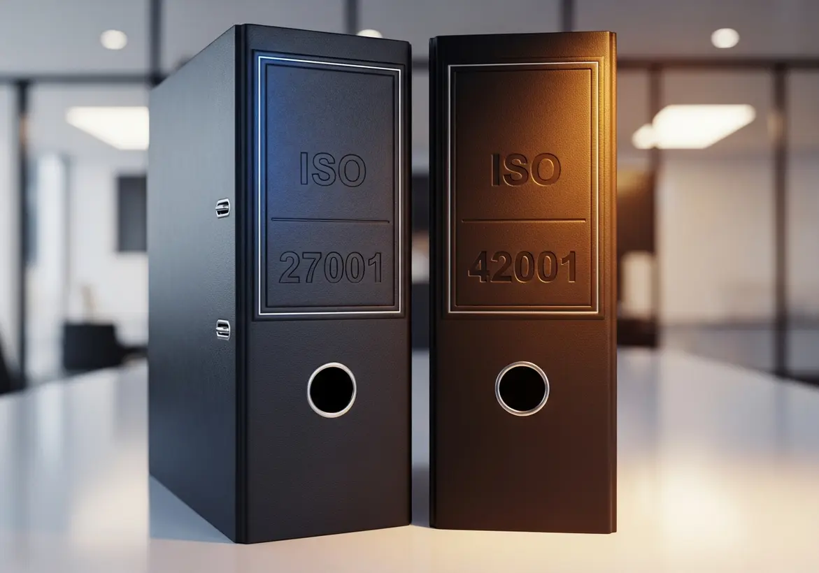 Two professional black office binders side-by-side on a desk, one labeled "ISO 27001" and the other "ISO 42001," representing the integration of security and AI governance.