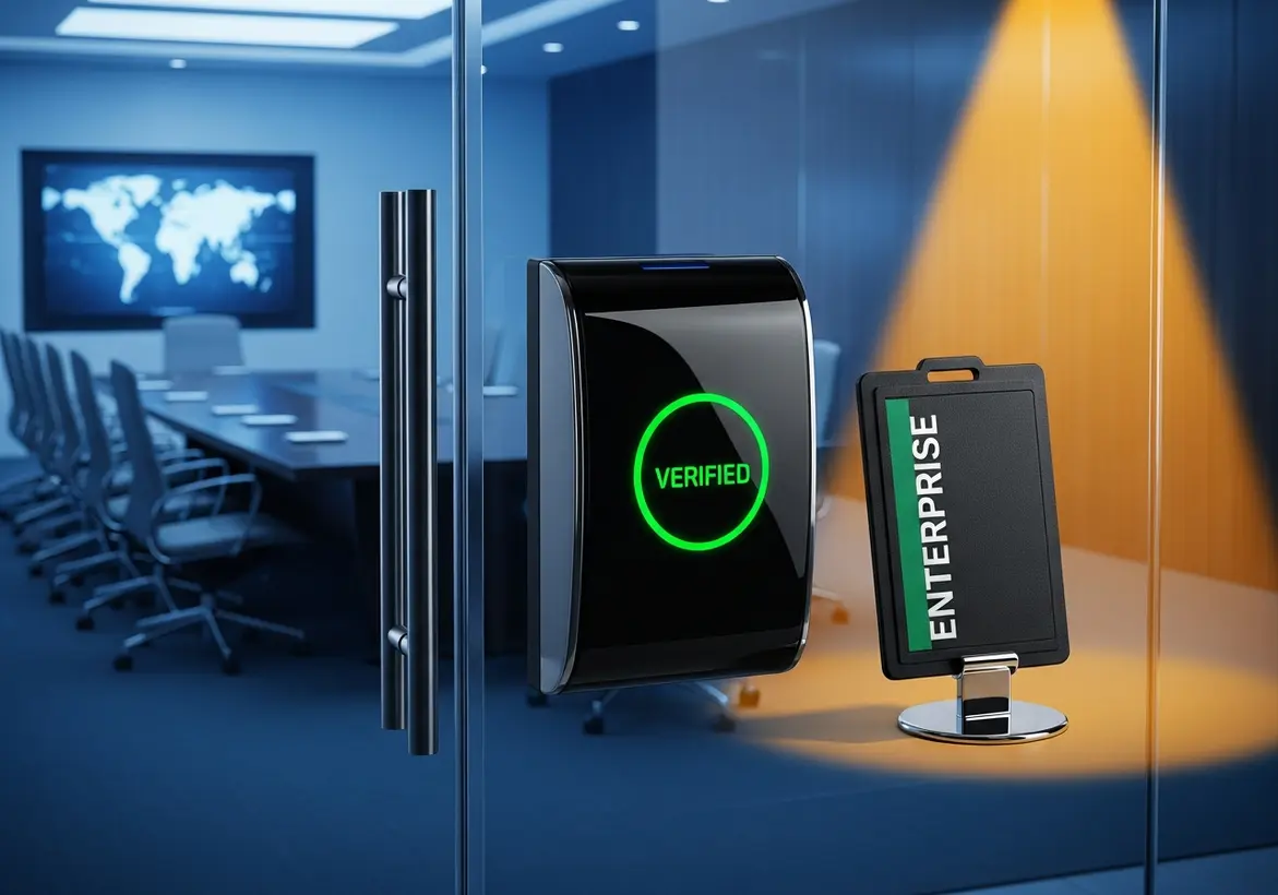 A futuristic office door with a digital "VERIFIED" scanner and an enterprise security badge illuminated by a spotlight, symbolizing AI access control and compliance.