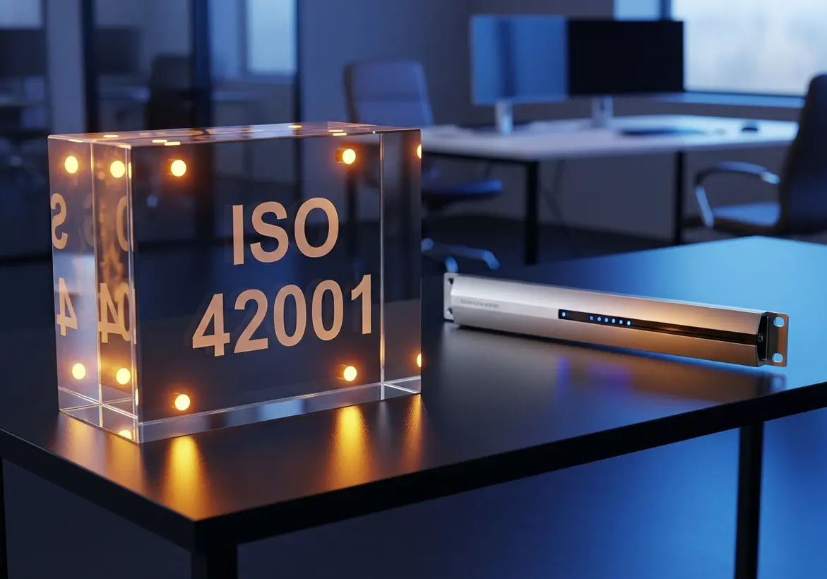 A glowing glass cube engraved with "ISO 42001" sitting on an office desk next to a sleek server rack component, illustrating the tangible implementation of AI standards.