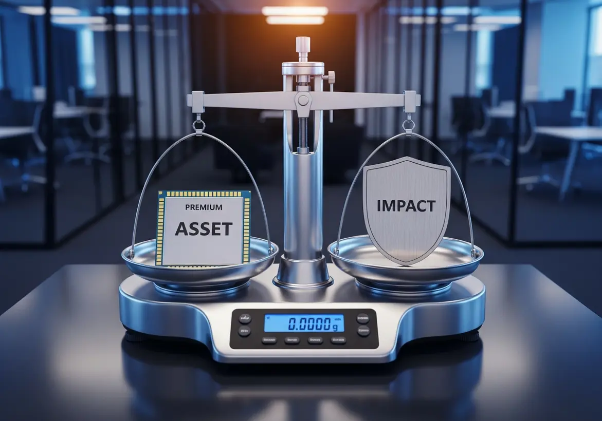 A modern digital scale balancing a computer chip labeled "PREMIUM ASSET" against a silver shield labeled "IMPACT" in a professional office setting.