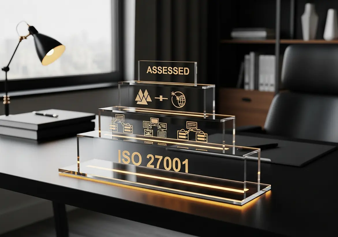 A tiered glass trophy on a desk labeled "ISO 27001" and "ASSESSED," featuring security icons representing network infrastructure and global connectivity.