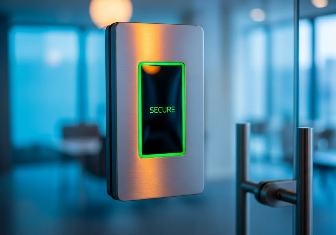 Modern silver electronic door lock handle mounted on a glass office wall, displaying a glowing green frame and the word SECURE on the screen.