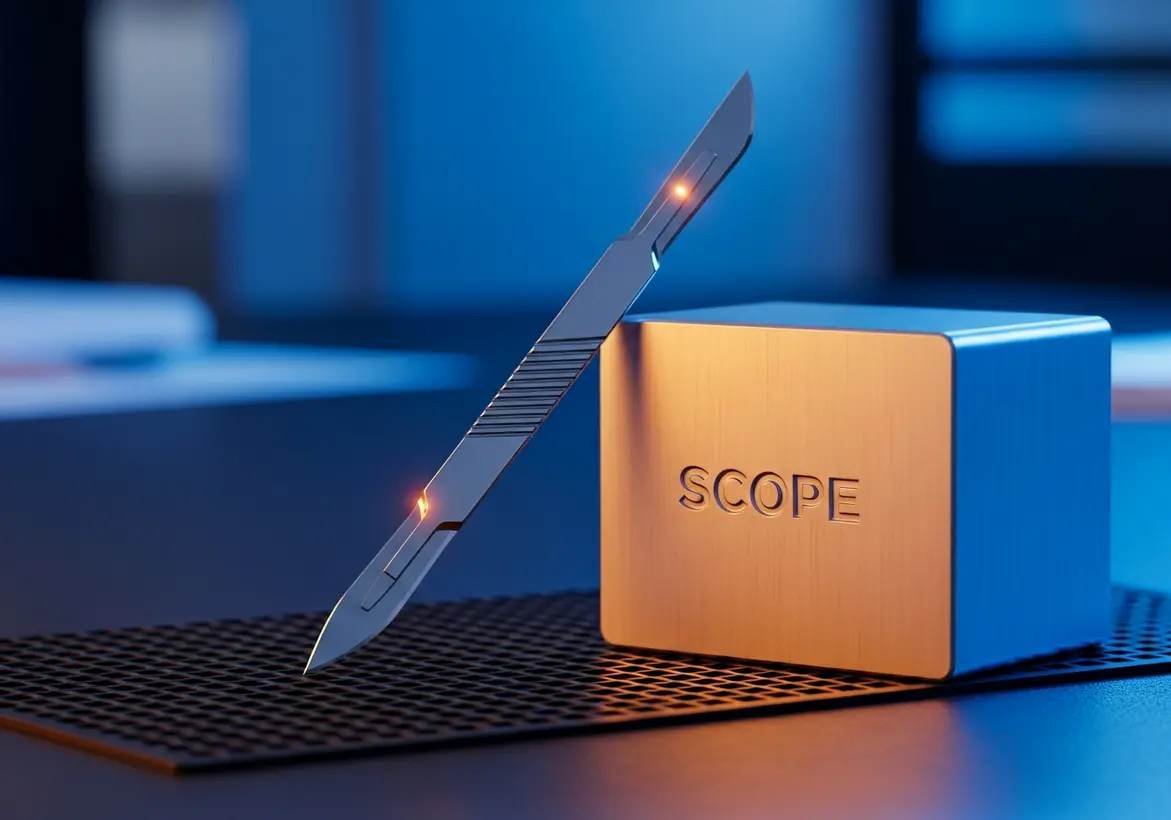A surgical scalpel resting next to a metallic block engraved with "SCOPE," symbolizing precise scoping for compliance.