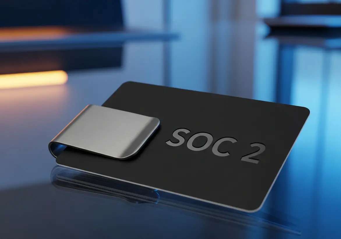 A sleek black card engraved with "SOC 2" featuring a metallic money clip on a blue reflective surface.