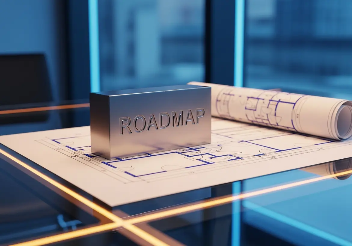 A silver block engraved with "ROADMAP" sitting on top of architectural blueprints on a glass table.