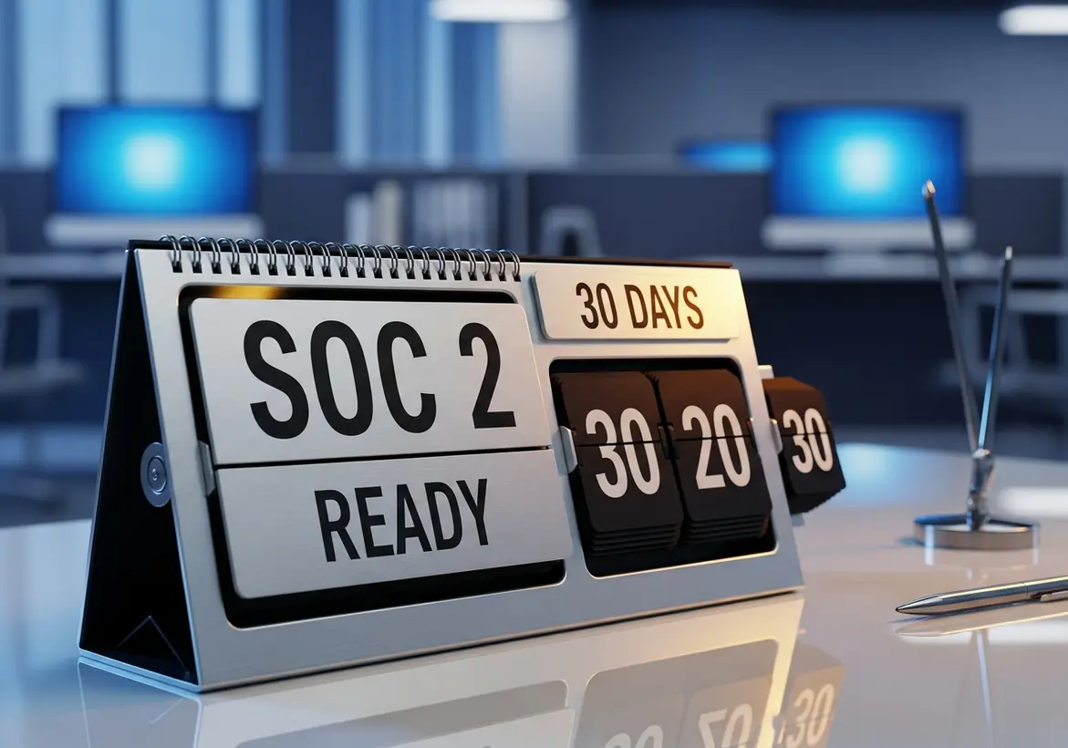 A close-up of a sleek desktop flip calendar displaying "SOC 2 READY" and a countdown of "30 DAYS" inside a modern, softly blurred corporate office environment.