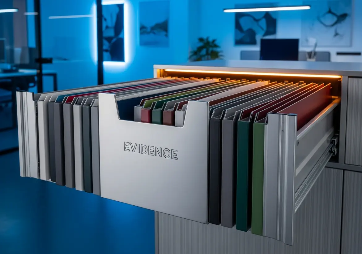 An open, modern filing drawer labeled "EVIDENCE" containing neatly organized, multi-colored hanging folders, illuminated by subtle under-cabinet lighting.