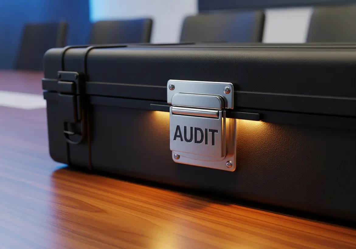 A heavy-duty, professional black tactical briefcase featuring a secure metallic latch engraved with the word "AUDIT" sitting on a polished wooden conference table.