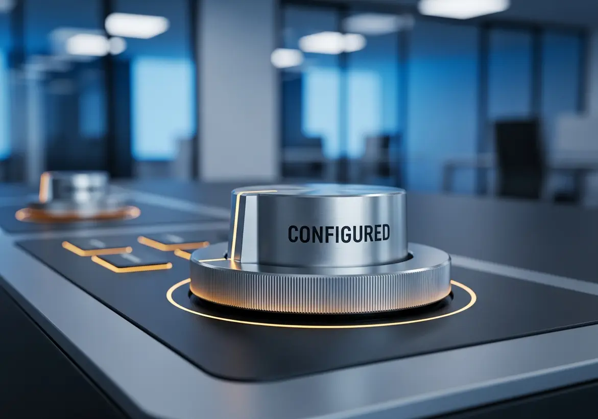 A close-up of a sleek, metallic control dial set to the "CONFIGURED" position, featuring warm orange backlighting on a dark instrument panel in a modern, softly blurred office background.
