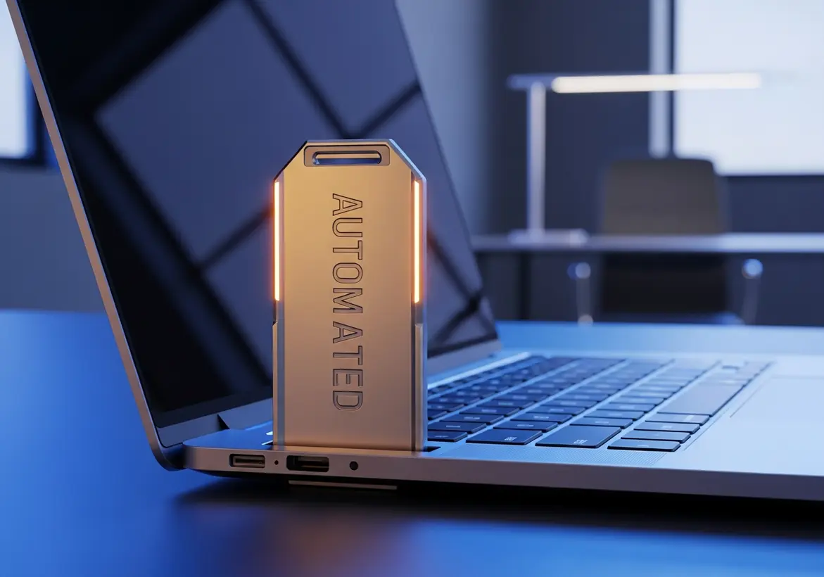 Metallic USB hardware security key labeled "AUTOMATED" inserted into a modern laptop port.