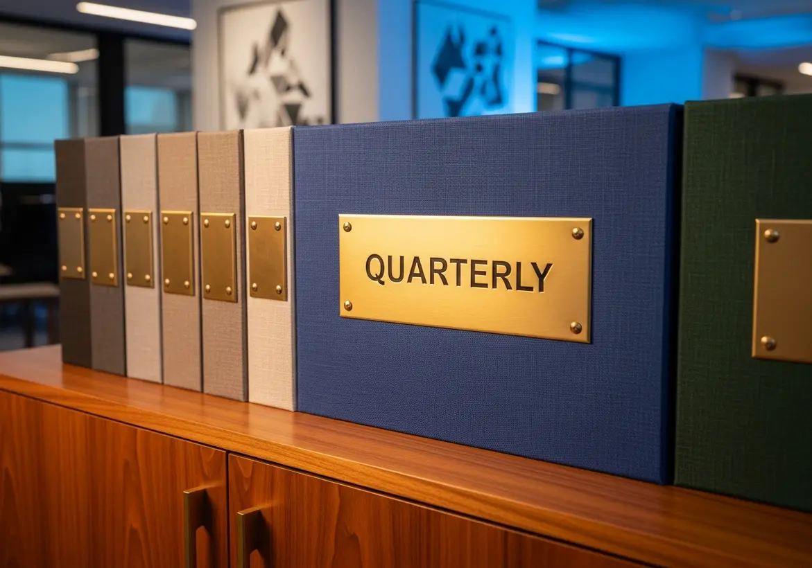 Set of organized compliance binders on a wooden cabinet, with a brass plate labeled "QUARTERLY".