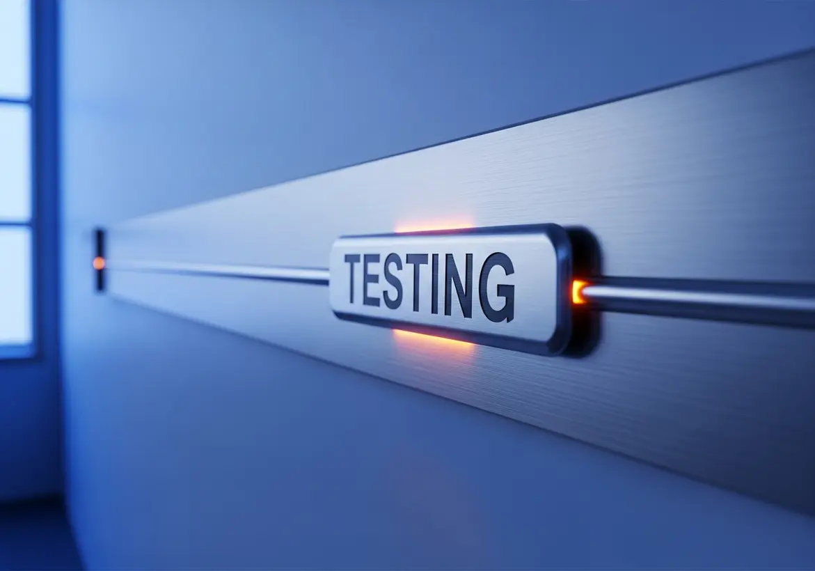 Brushed metal plaque with the word "TESTING" mounted on a modern illuminated wall panel.