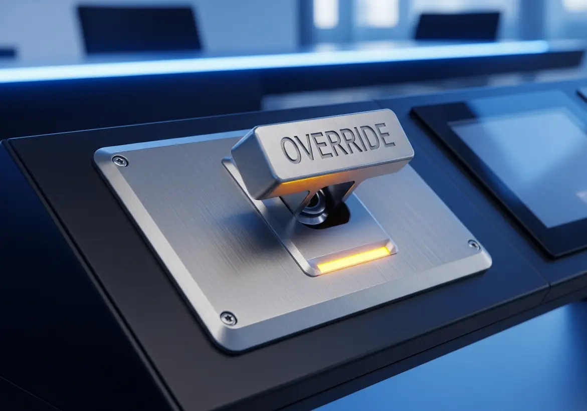 A metallic override switch engraved with the word "OVERRIDE" illuminated by a warm indicator light on a modern tech control panel.