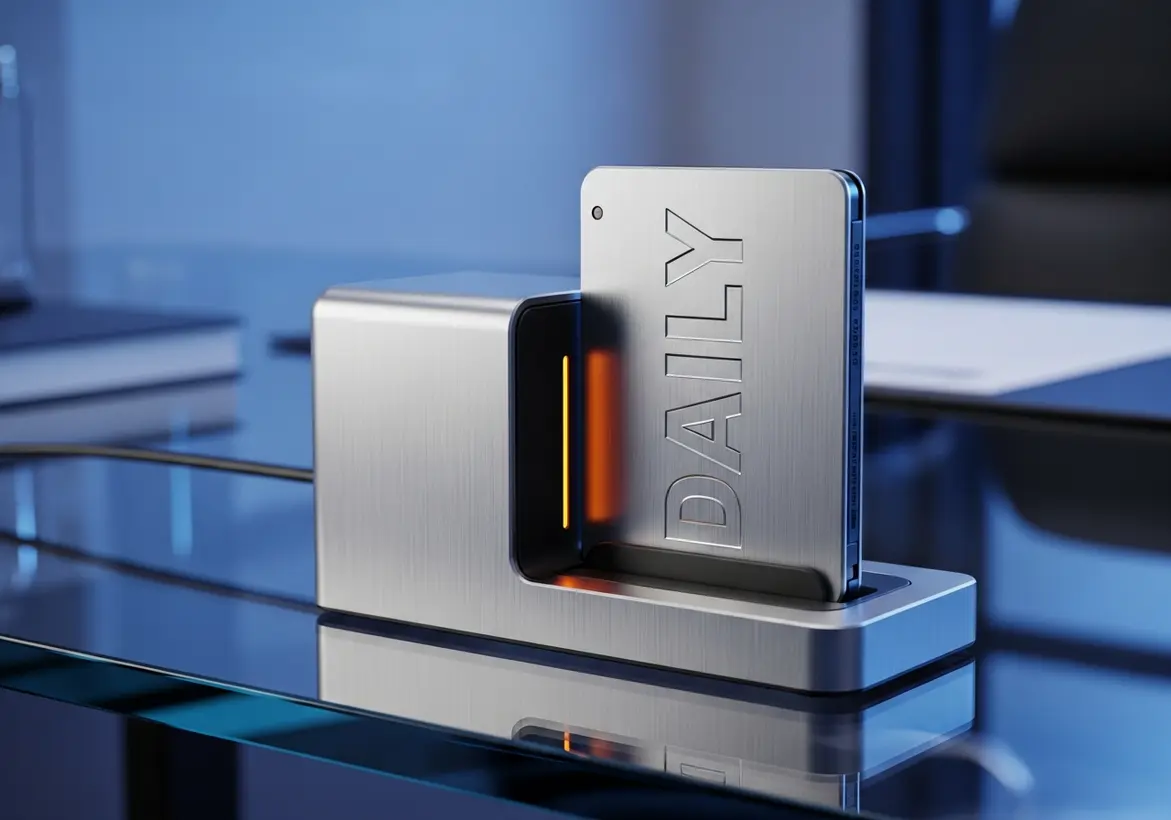 A sleek, brushed metallic dock resting on a glass desk with a device engraved with the word "DAILY" emitting a subtle orange glow.