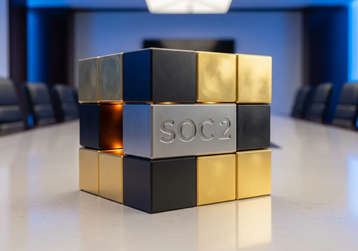 A metallic, gold, and black Rubik's cube sitting on a boardroom table with the center block engraved with the text "SOC 2".