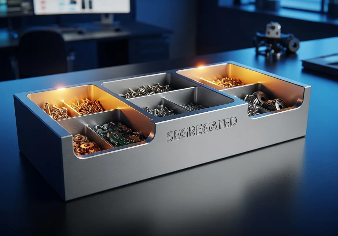A brushed metal organizer box sitting on a desk with multiple individual compartments separating distinct screws, gears, and fasteners, with the word "SEGREGATED" engraved on the front panel.