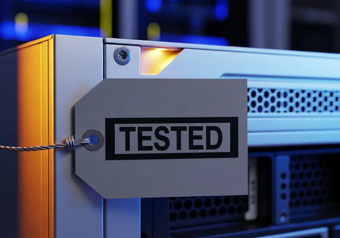 A close-up of a server rack chassis in a modern data center, featuring a physical gray security tag attached by a metal wire that reads "TESTED".