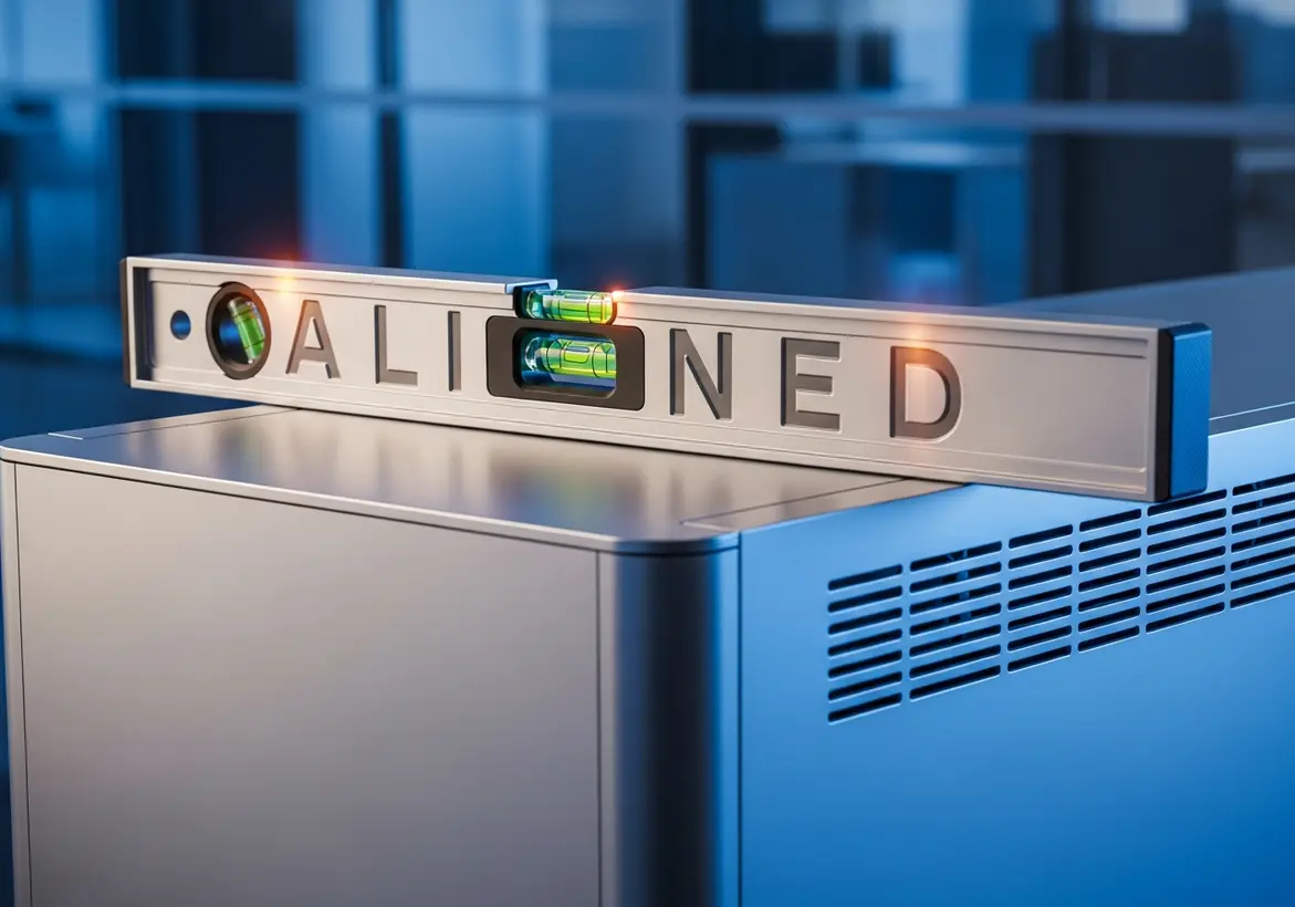 A silver spirit level tool displaying the word "ALIGNED" engraved on its surface, resting horizontally on a sleek metallic server chassis to represent technical alignment