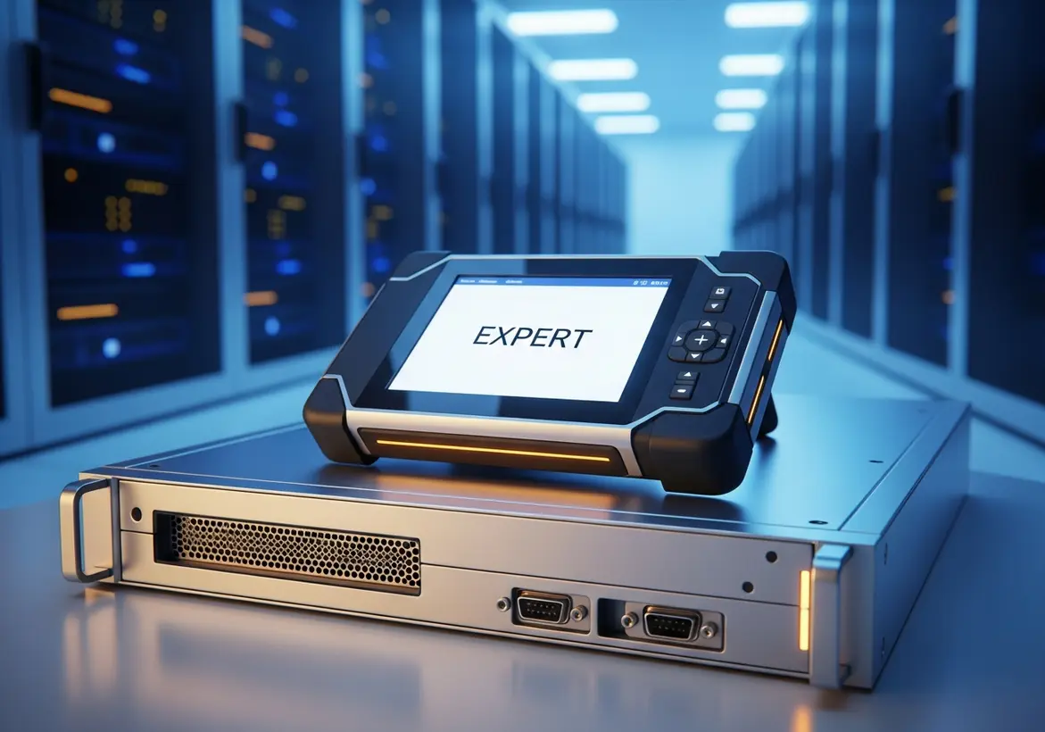 A rugged, handheld digital diagnostic device displaying the word "EXPERT" on its screen, resting on top of network server hardware inside a modern, blue-lit data center corridor.