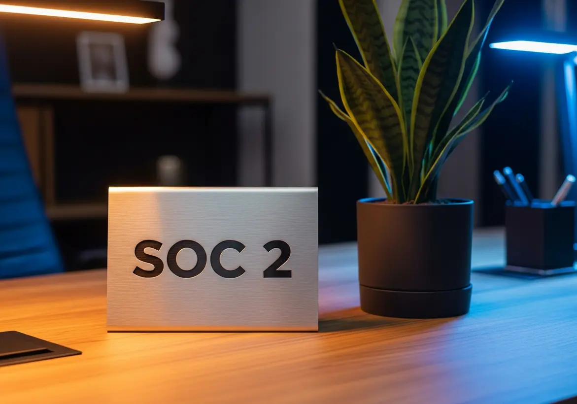 A metallic desk sign reading SOC 2 sitting on a wooden office table next to a potted snake plant under moody corporate lighting.