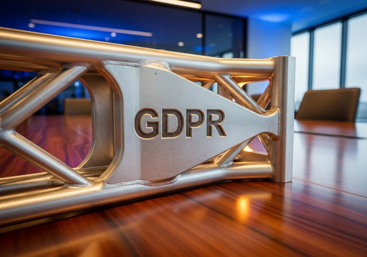 A heavy, industrial metal truss or structural architectural beam engraved with the letters "GDPR" resting on a polished wooden conference room table