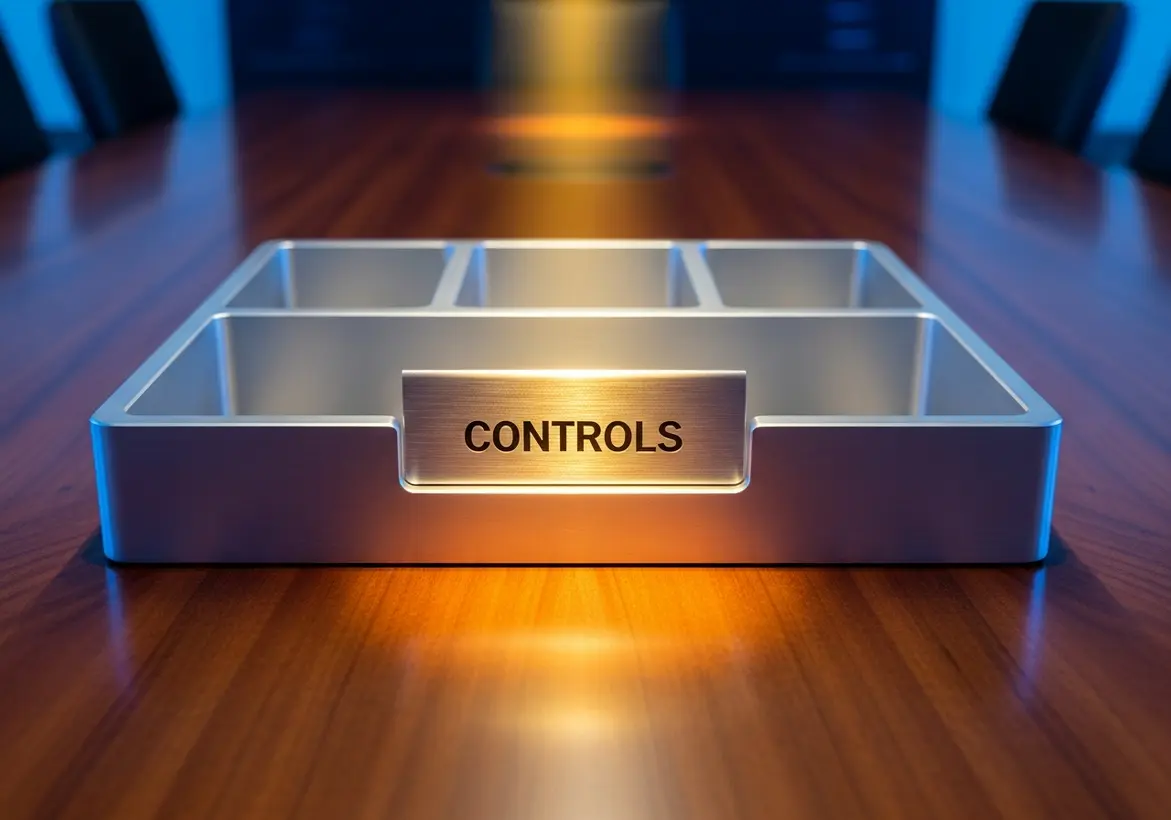 A metallic, futuristic board game or circuit-like grid layout on a wooden table, with glowing nodes connected by wires leading up to a raised silver button labeled "ACTION"