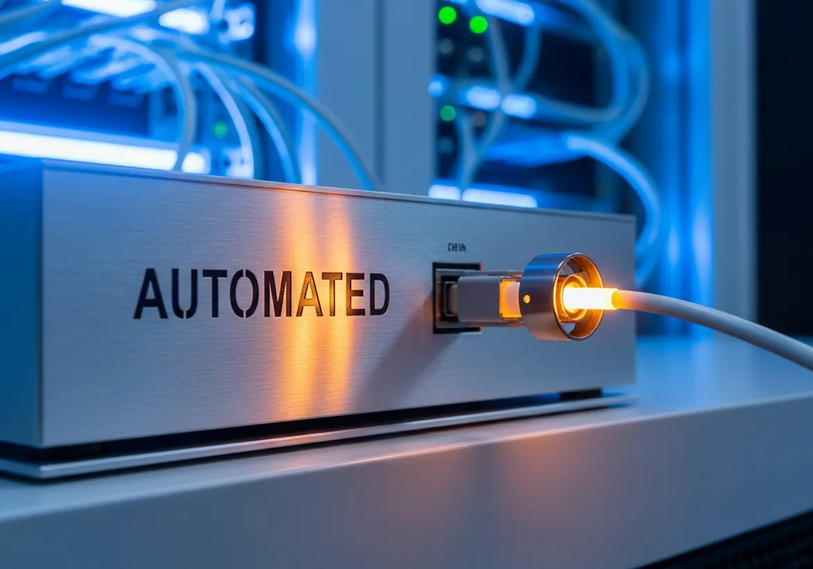 A modern silver server device with the word 'AUTOMATED' printed on its brushed metal chassis, featuring a glowing amber fiber optic network cable plugged into the front panel inside a data center.
