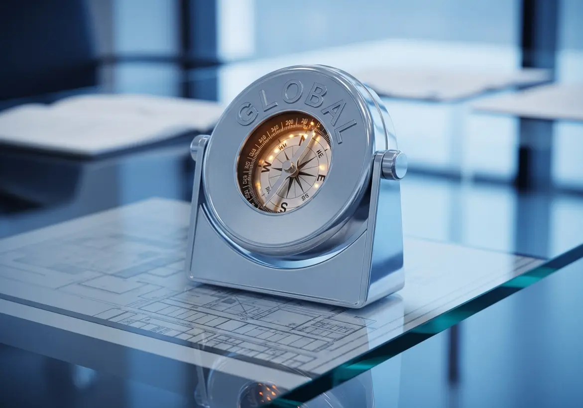 A sleek silver compass with the word 'GLOBAL' engraved on its outer rim, sitting on top of architectural blueprints on a reflective glass desk, representing multi-framework compliance navigation.