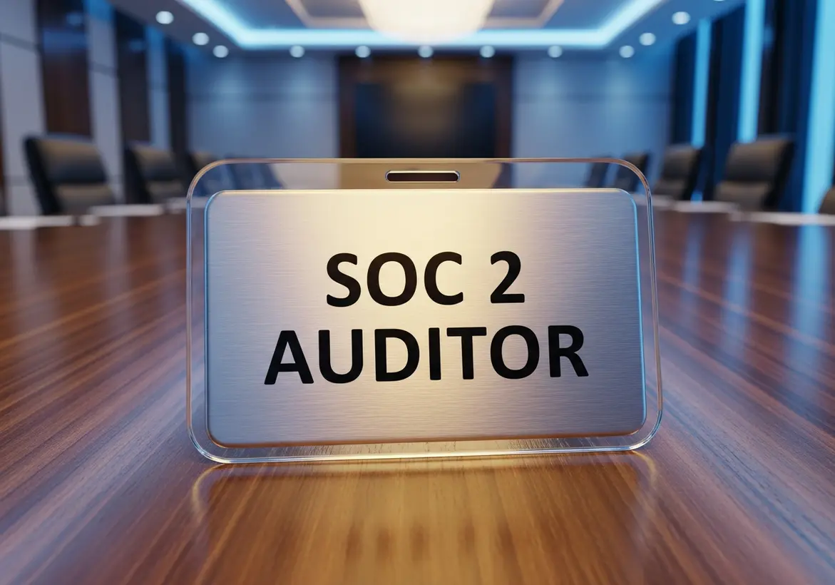 A professional metallic nameplate reading 'SOC 2 AUDITOR' centered on a polished dark wood boardroom table in a corporate conference room, symbolizing compliance evaluation