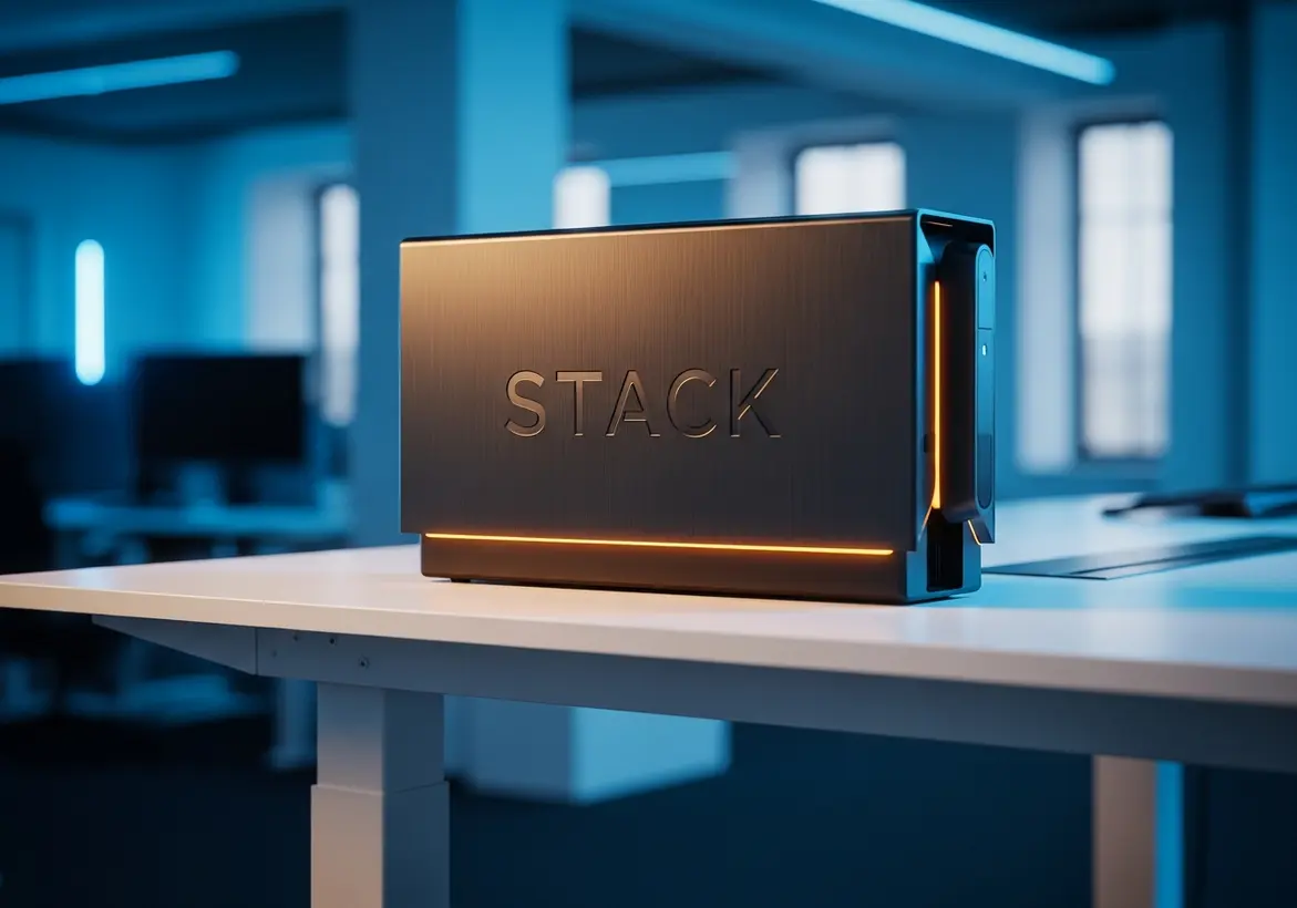 A sleek, brushed-metal electronic device engraved with the word STACK sits on a white desk in a modern, blue-lit corporate office environment
