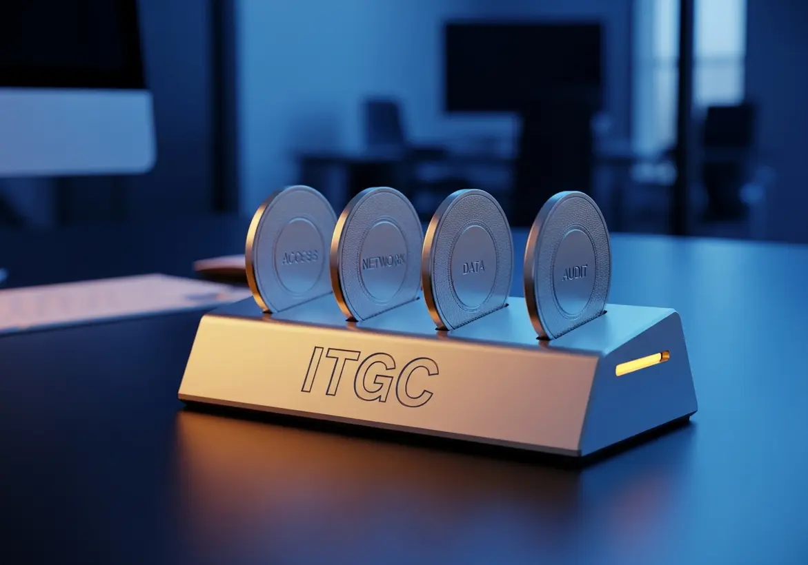 A metallic desk display inscribed with ITGC holding four silver tokens labeled Access, Network, Data, and Audit in a dimly lit office setting