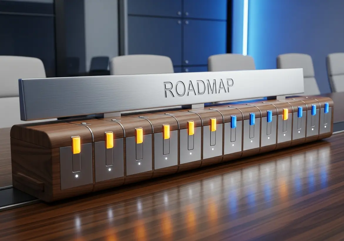 A futuristic, modern conference room table featuring a sleek, wooden and metallic electronic roadmap device with sequential indicator lights symbolizing strategic milestones