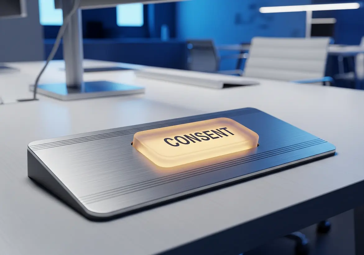 A close-up shot of an elegant, modern metallic device with a glowing translucent button displaying the text "CONSENT" positioned on an office desk