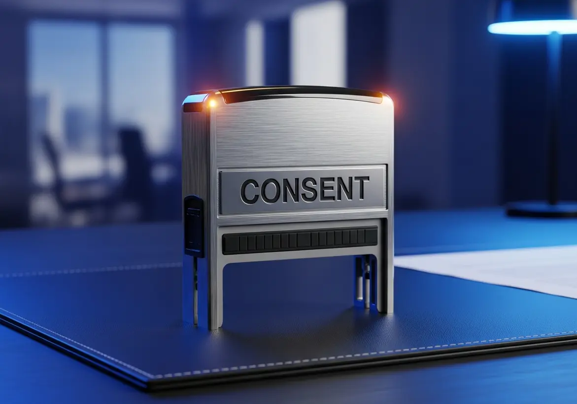 A modern, metallic desk stamp with the word "CONSENT" clearly engraved on its face, sitting on a black leather mat in a dimly lit office setting.