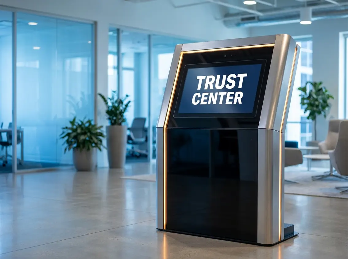 A modern corporate office lobby featuring a sleek digital kiosk displaying "TRUST CENTER" on its illuminated screen
