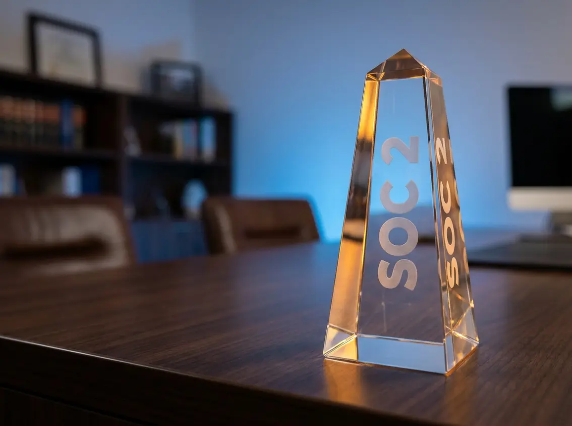 A clear glass pyramid award etched with "SOC 2" sitting on a wooden office desk