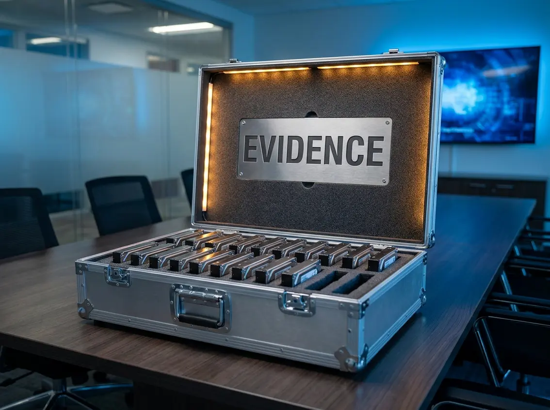 Open metallic briefcase labeled "EVIDENCE" filled with organized storage drives on a conference room table