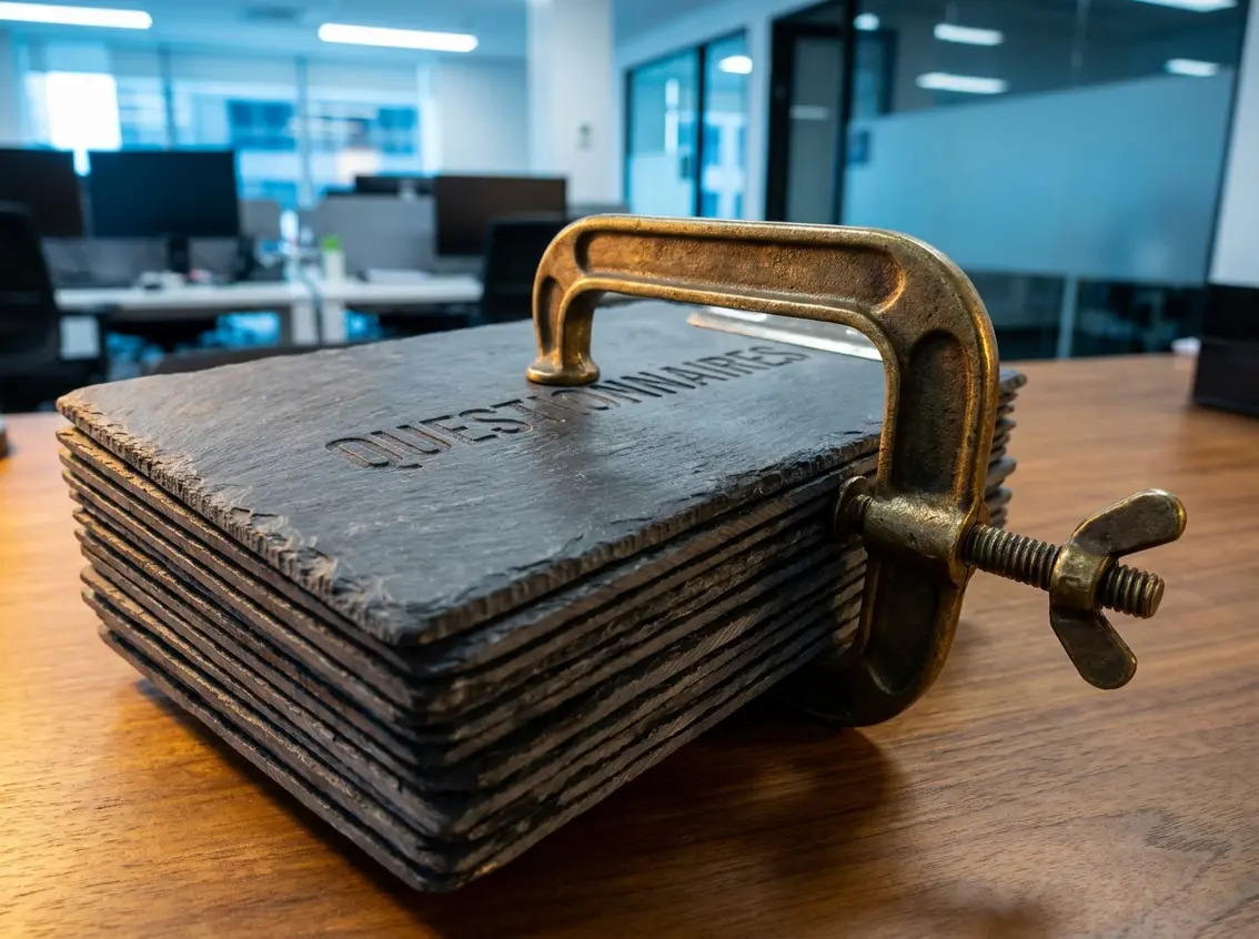 A C-clamp tightening down on a thick stack of stone slates engraved with the word "QUESTIONNAIRES" on a wooden table