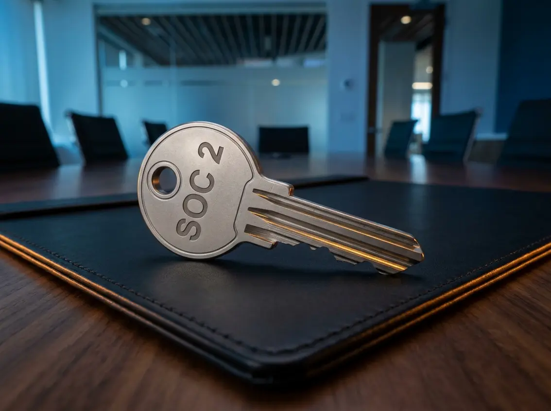 A silver key stamped with "SOC 2" resting on a black leather folder on a modern office conference table