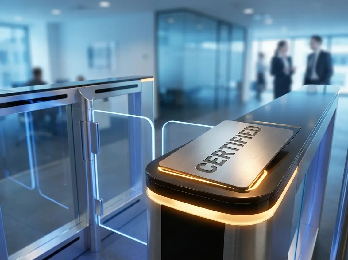 Modern office turnstile entrance with a metallic plaque reading "CERTIFIED" mounted on top.