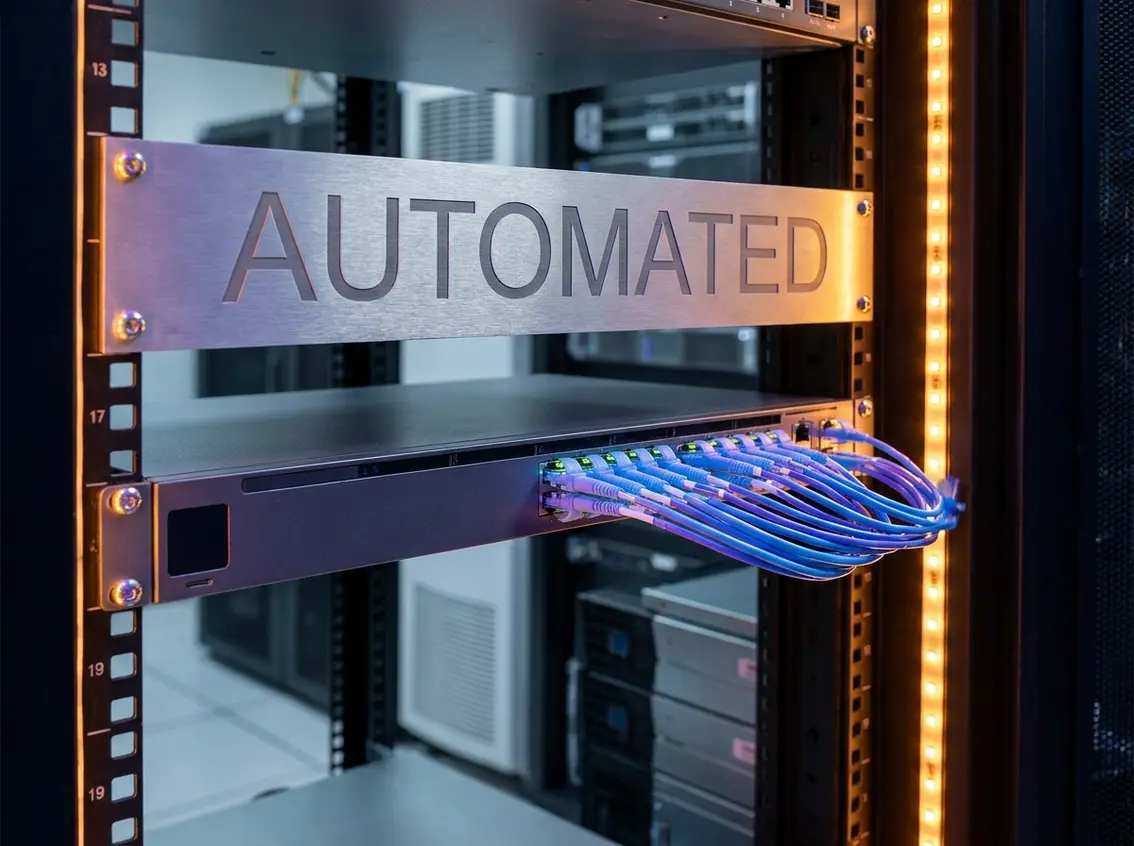 Server rack network switch with blue patch cables connected, featuring an illuminated panel reading AUTOMATED.