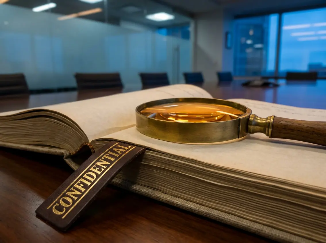 A magnifying glass resting on an open hardcover book in a conference room with a leather bookmark labeled CONFIDENTIAL.