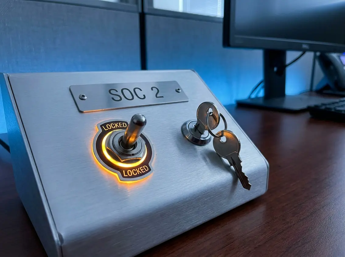 A brushed metal control box labeled SOC 2 featuring a key lock and a illuminated toggle switch set to LOCKED.