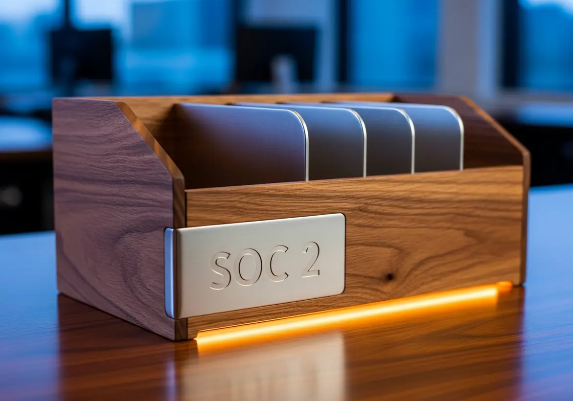 Sleek wooden desktop organizer with a metallic plaque engraved with SOC 2 representing organized security compliance systems.