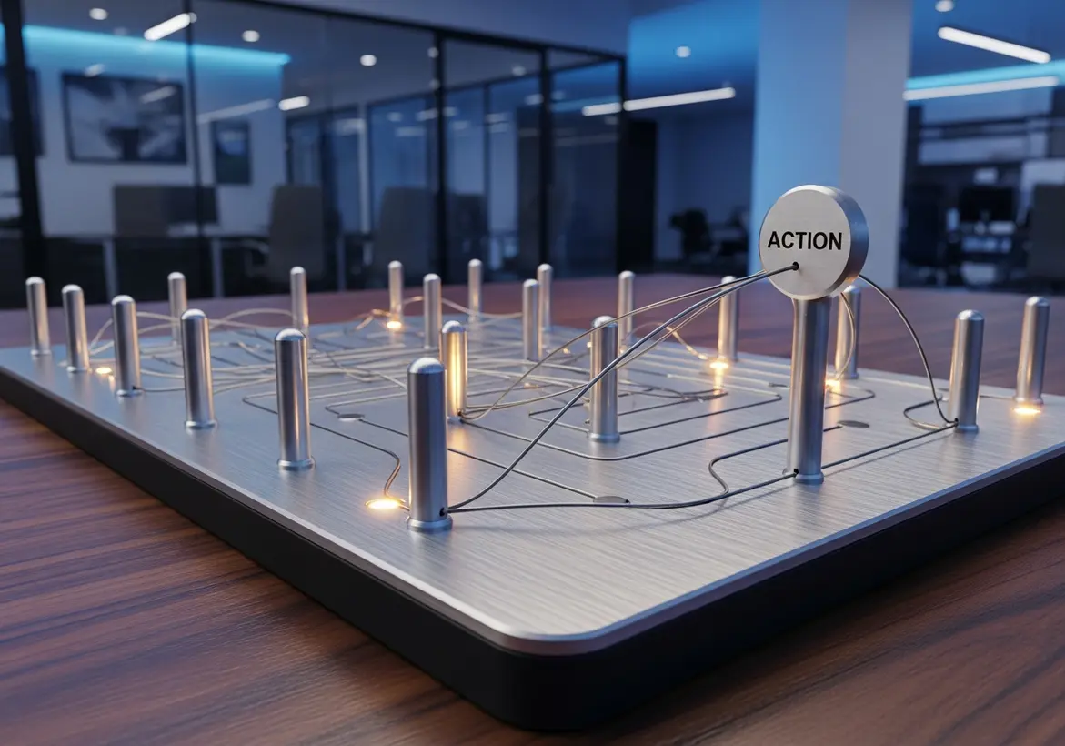 A sleek, modern silver tray divided into compartments sits on a polished wooden conference table, featuring a prominent, illuminated central plaque that reads "CONTROLS"