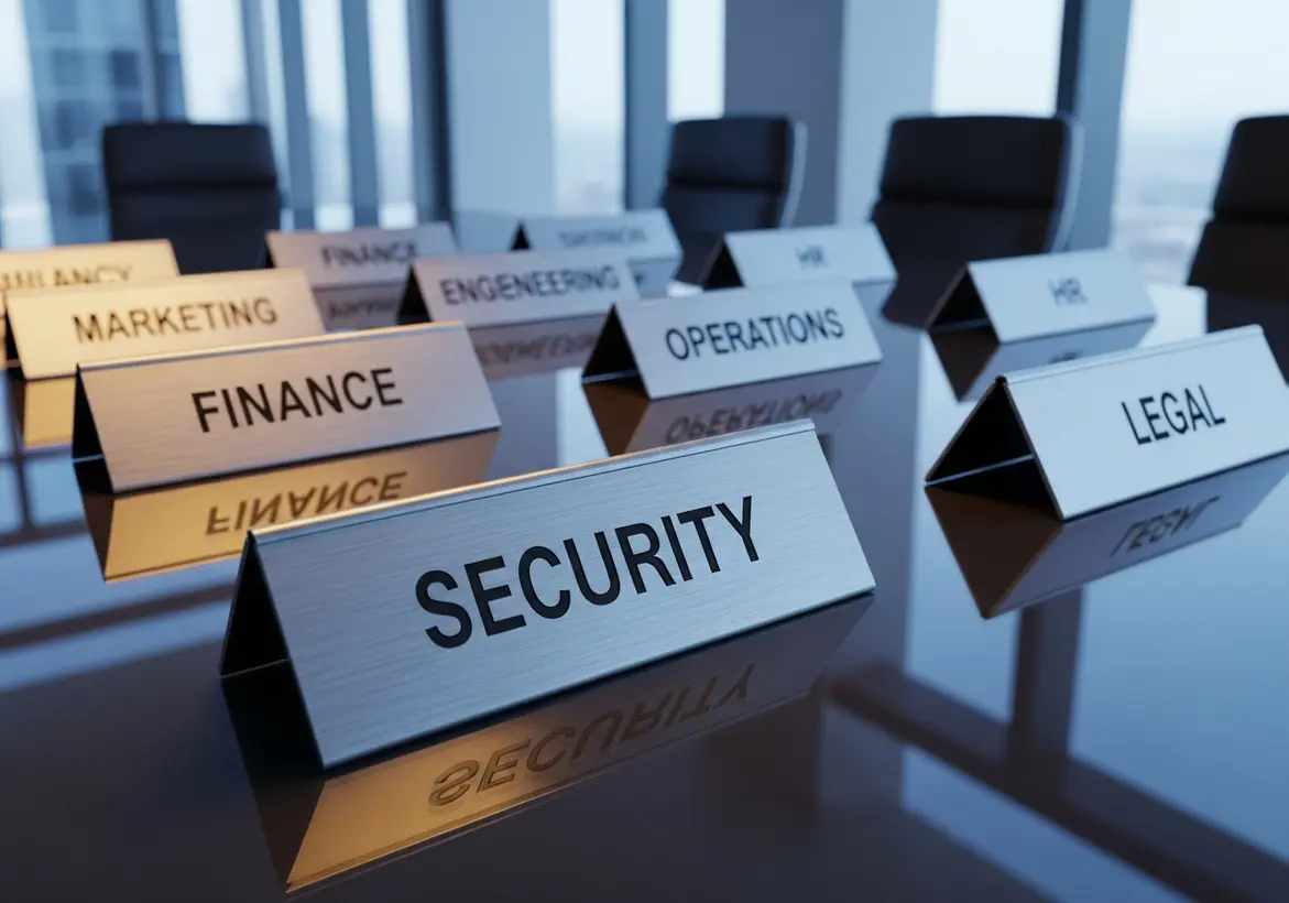 Silver triangular nameplates indicating company departments like SECURITY, FINANCE, OPERATIONS, and LEGAL arranged on a polished boardroom table